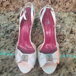 Kate Spade White Satin Heels with Rhinestone Bow